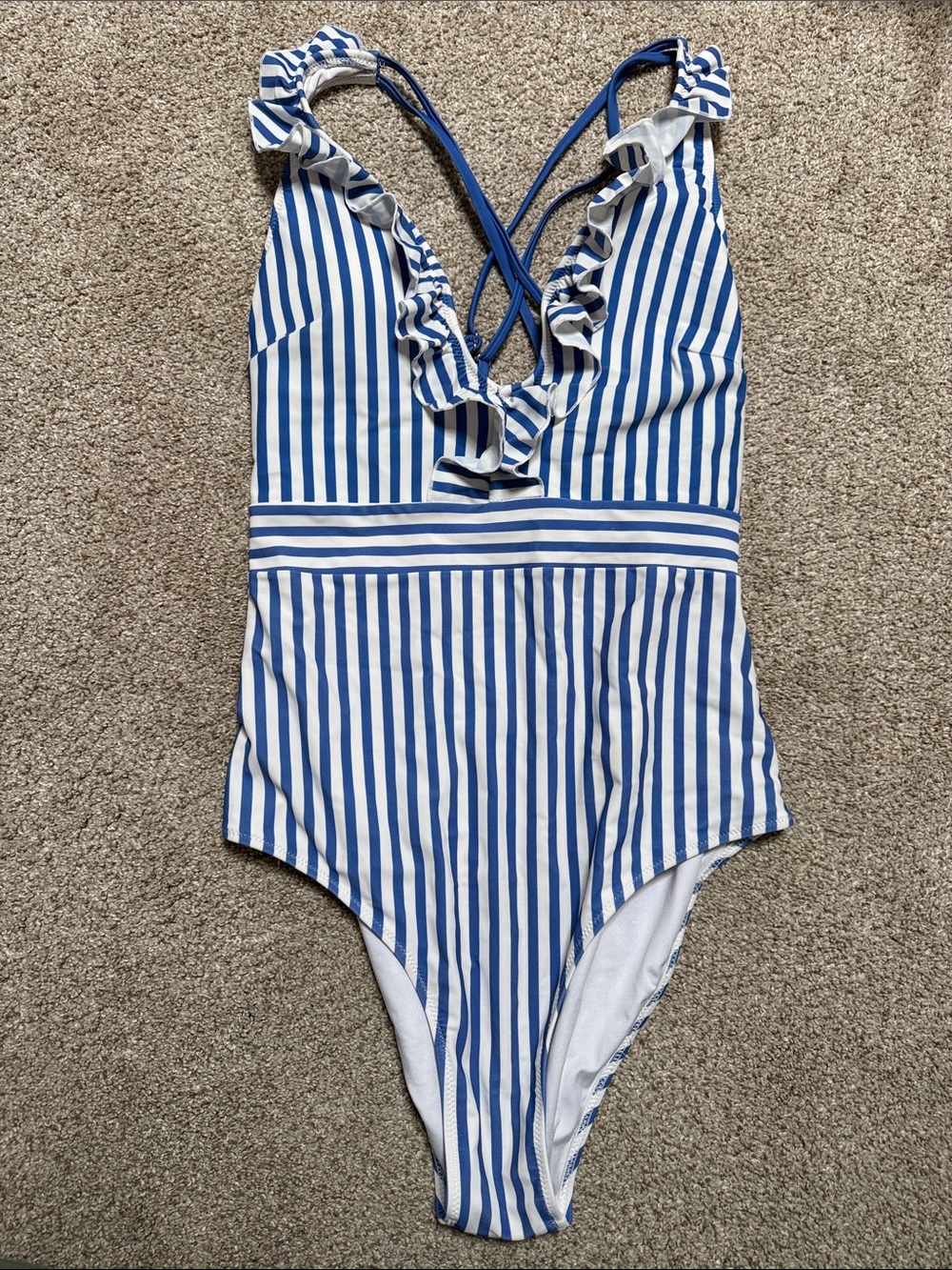 Cupshe Blue and White Striped Ruffle One-Piece Swimsuit